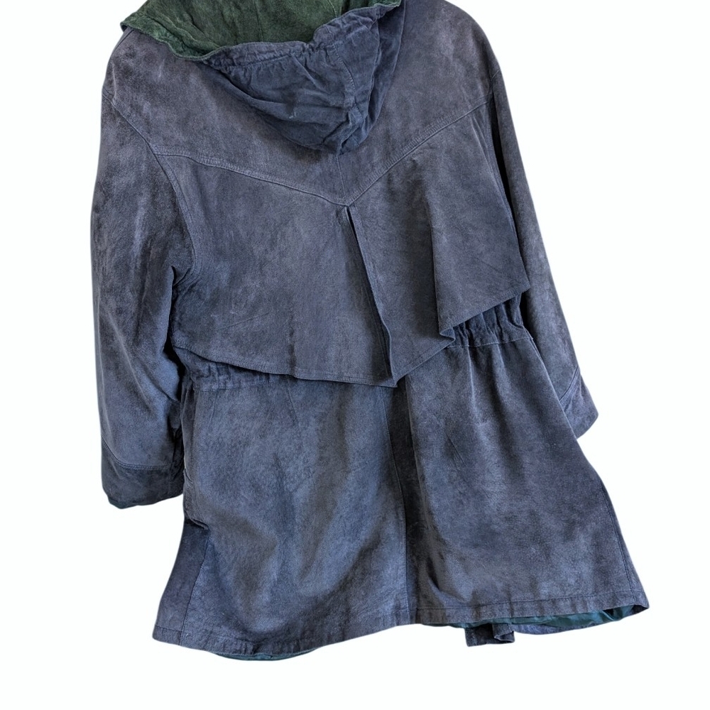 Vintage 100% Genuine Suede Leather Parka | Hooded Charcoal & Forest Green Jacket - Picture 3 of 6